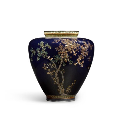 View full screen - View 1 of Lot 74. A cloisonné enamel vase with sparrows and cherry blossoms | Sealed mark of Miwa Tomisaburo | Meiji period, late 19th century.