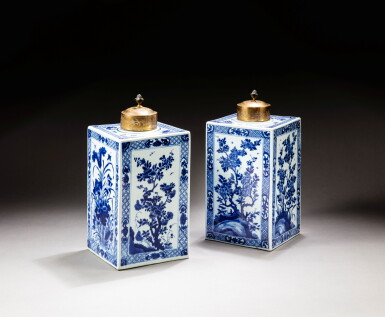 View full screen - View 1 of Lot 208. A pair of large blue and white 'lotus ponds' tea caddies Qing dynasty, Kangxi period | 清康熙 青花荷塘紋四方蓋罐一對.