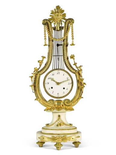 View full screen - View 1 of Lot 131. A Louis XVI gilt-bronze and white marble lyre mantel clock, Louis-Michel Harel, Paris, circa 1790.