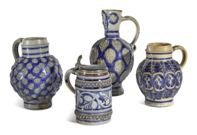 View full screen - View 1 of Lot 145. THREE WESTERWALD STONEWARE JUGS AND A PEWTER-MOUNTED TANKARD, CIRCA 1700.