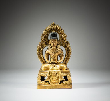 View full screen - View 1 of Lot 193. A gilt-bronze figure of Amitayus, Mark and period of Qianlong, dated gengyin year, corresponding to 1770 | 清乾隆庚寅年(1770年) 鎏金銅無量壽佛坐像.