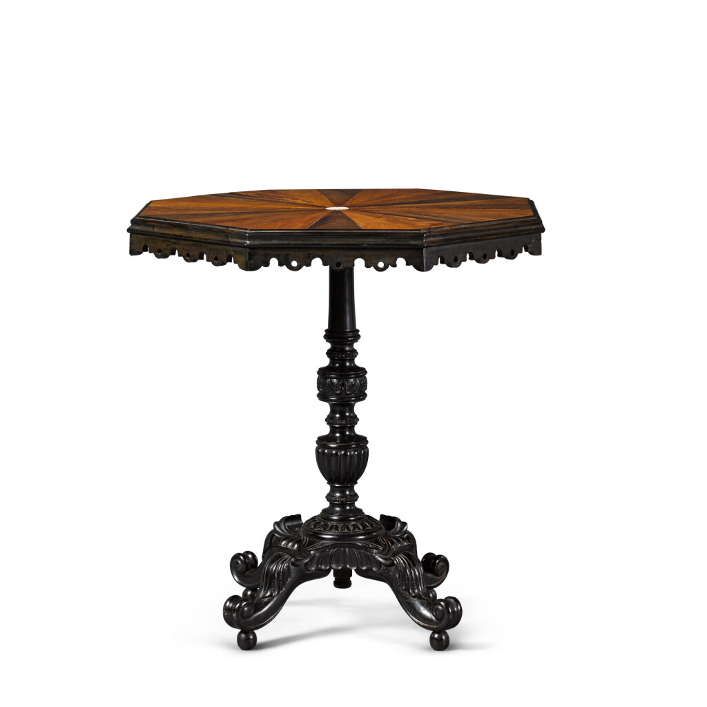 View full screen - View 1 of Lot 136. AN ANGLO-SINGHALESE EBONY AND SPECIMEN WOOD TABLE, PROBABLY GALLE DISTRICT, SECOND HALF 19TH CENTURY.