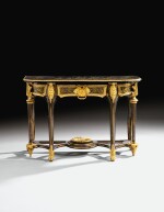 A GILT-BRONZE MOUNTED, BRASS-INLAID AND BROWN TORTOISESHELL BOULLE MARQUETRY CONSOLE TABLE, LOUIS XIV, ATTRIBUTED TO ANDRÉ-CHARLES BOULLE AND HIS WORKSHOP, CIRCA 1710-1720 | TABLE À SIX PIEDS EN MARQUETERIE D’ÉCAILLE BRUNE, LAITON GRAVÉS, PLACAGE D’ÉBÈNE ET BRONZE DORÉ D’ÉPOQUE LOUIS XIV, VERS 1710-1720, ATTRIBUÉE À ANDRÉ-CHARLES BOULLE ET SON ATELIER
