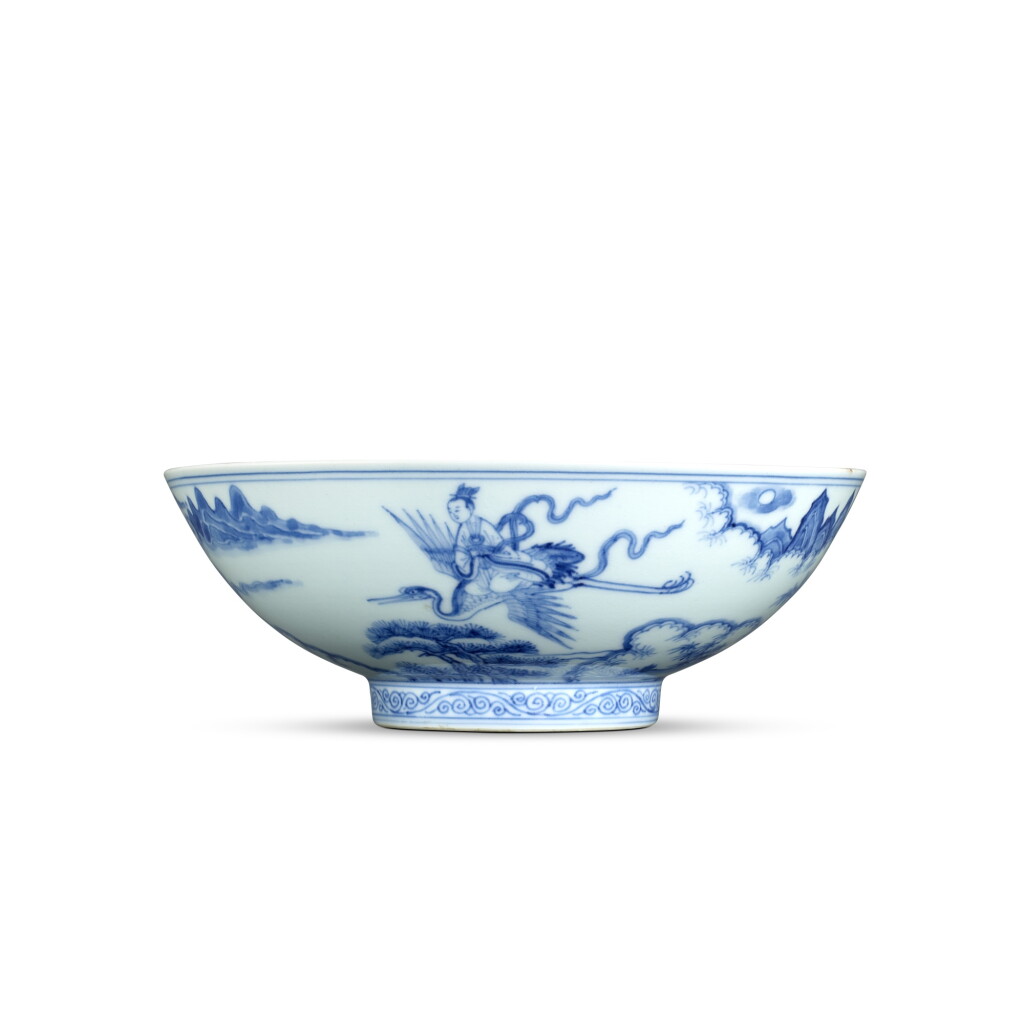 View full screen - View 1 of Lot 9334. A fine blue and white 'Queen Mother of the West' bowl, Qing dynasty, Kangxi / Yongzheng period | 清康熙 / 雍正 青花「西王母乘鶴」圖盌 《大明宣德年製》仿款.