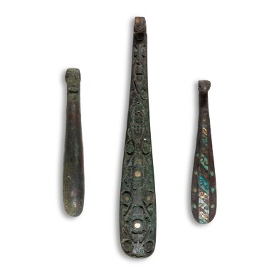 View full screen - View 1 of Lot 68. A group of three bronze belthooks, Warring States - Han dynasty .