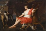 Diana with her hounds seated on a stag in a landscape