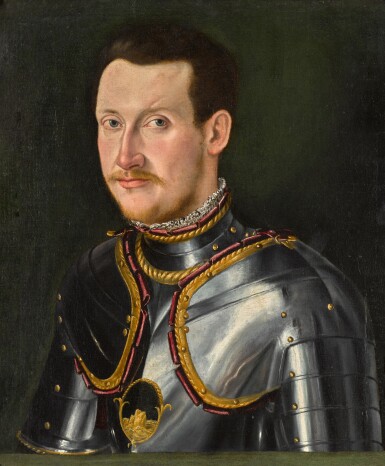 View full screen - View 1 of Lot 11. MANTUAN SCHOOL, 16TH CENTURY | PORTRAIT OF A MAN IN ARMOUR, BUST-LENGTH, AGAINST A GREEN BACKGROUND .