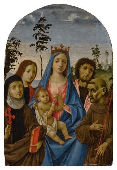 View full screen - View 1 of Lot 507. Madonna and Child with Saints Clare, John the Evangelist, John the Baptist, and Francis.