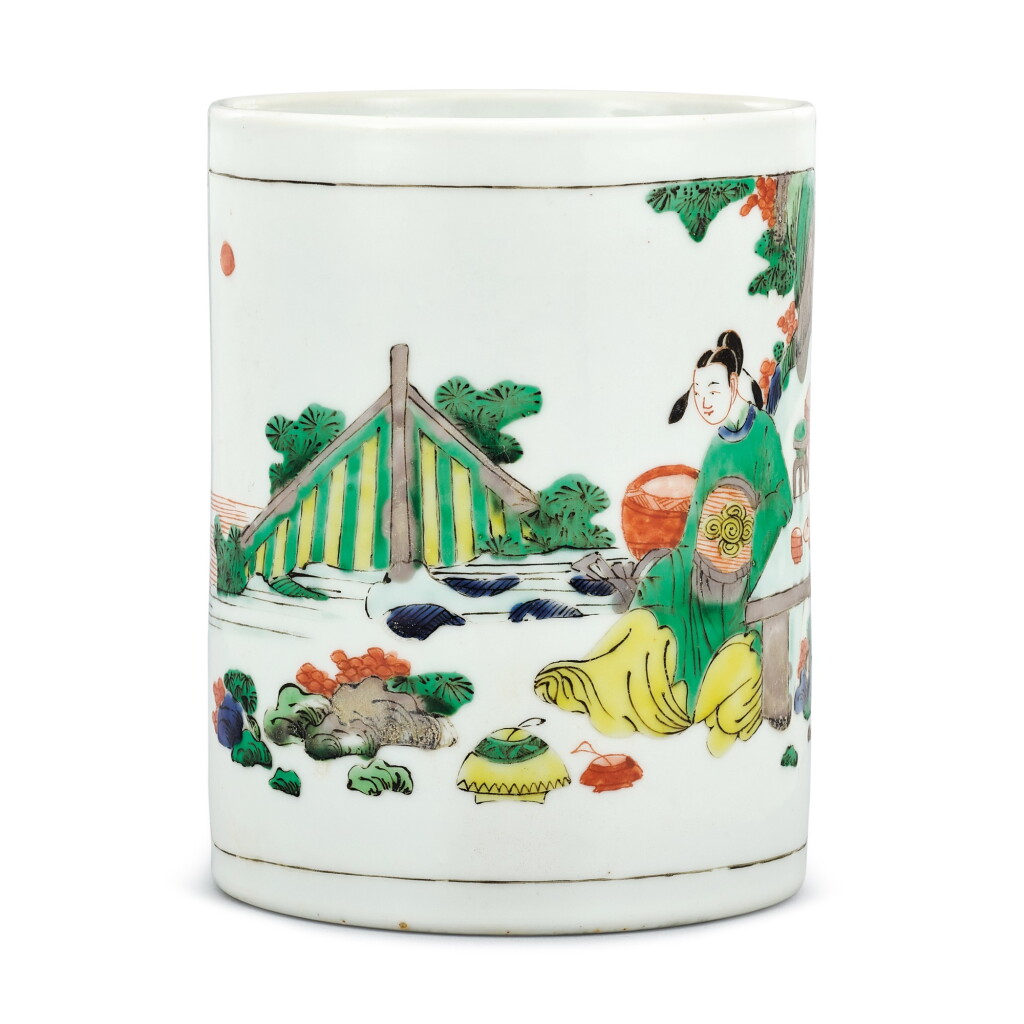 View full screen - View 1 of Lot 315. A wucai 'scholar' brushpot Qing dynasty, Kangxi period | 清康熙 五彩高士圖筆筒.