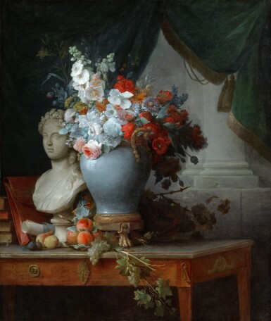 View full screen - View 1 of Lot 49. Still life of flowers in a vase on a table beside a bust of Flora, with fruit and other objects with a curtain beyond.