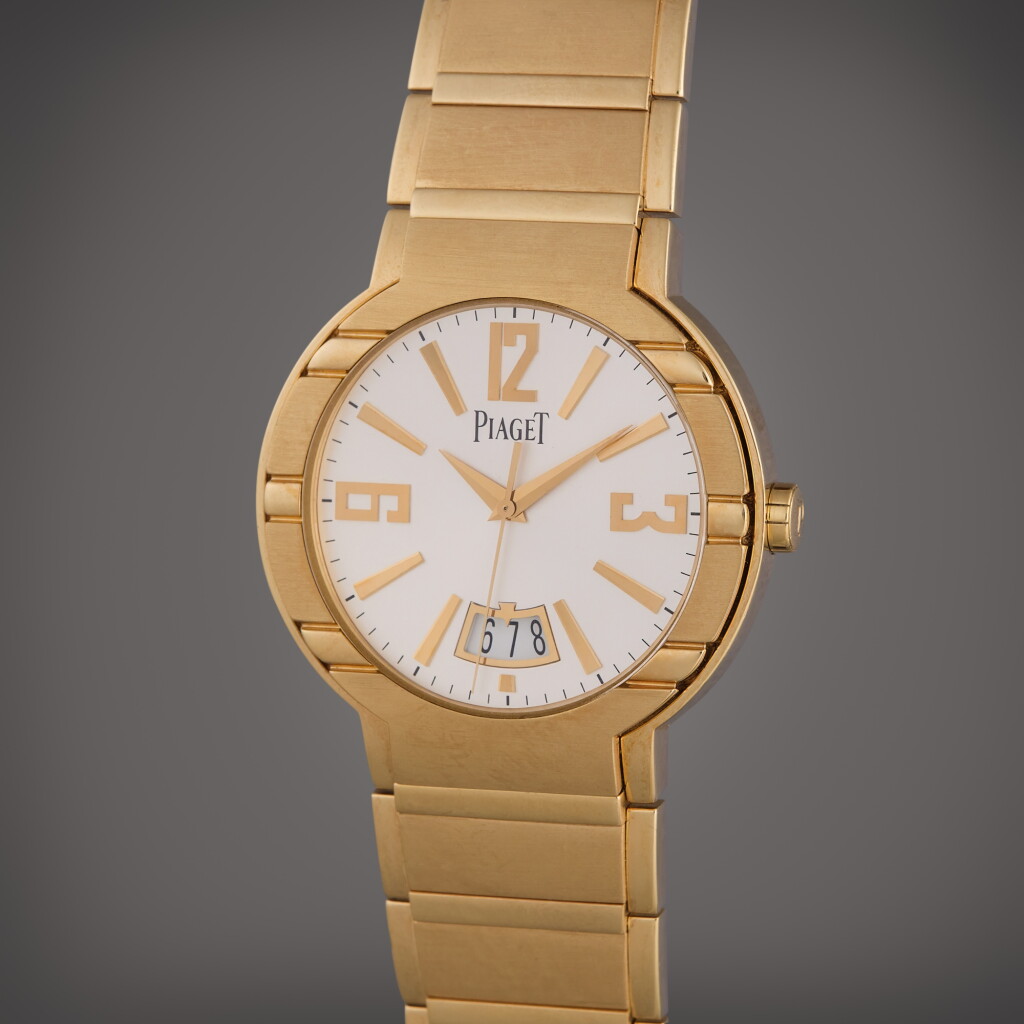 View full screen - View 1 of Lot 48. Reference P10623 Polo Grande | A yellow gold automatic wristwatch with date and bracelet, Owned and Worn by Sylvester Stallone, Circa 2000.