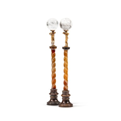 View full screen - View 1 of Lot 14. A pair of patinated and gilt-bronze, metal, agate and rock crystal fluted columns.