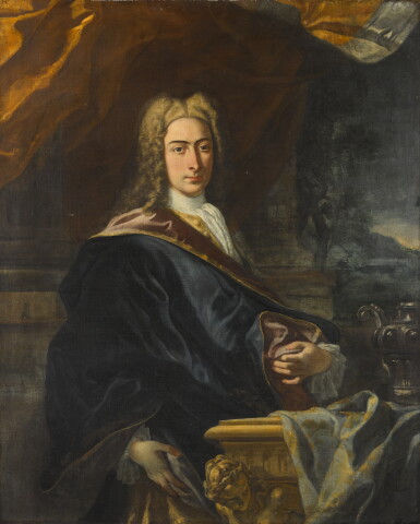 View full screen - View 1 of Lot 67. Portrait of Robert Jones (1706–1742), three-quarter-length, standing next to a baroque gilt table with a classical landscape beyond.