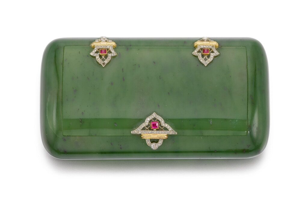 View full screen - View 1 of Lot 252. A Fabergé nephrite, ruby and diamond cigarette case.