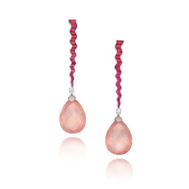 View full screen - View 1 of Lot 166. Pair of Ruby, Rose Quartz and Diamond Earclips.