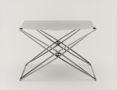 View full screen - View 1 of Lot 763. Jorgen Gammelgaard Folding stool of steel with yellow nylon seat, 1970 L: 57 cm, H: 40 cm, W: 46 cm Producer: Strutture d'Interni of Bologna, Italy, under license from Design Forum A/S, Denmark Purchased by Det danske Kunstindustrimuseum 1970 Mus. no. 63/1970 Douglas M. Parker Studio Michael Asher, "July 18 - October 16, 1976, Ambiente arte, dal futurismo ad oggi, Venice Biennale, Venice, Italy," in Benjamin H.D. Buchloh (ed.), Michael Asher, Writings 1973-1983 on Works 1969-1979 (Los Angeles and Halifax: The Museum of Contemporary Art and Press of the Nova Scotia College of Art and Design, 1983): 138-145. Los Angeles, California October 12, 1998 (No. 11).