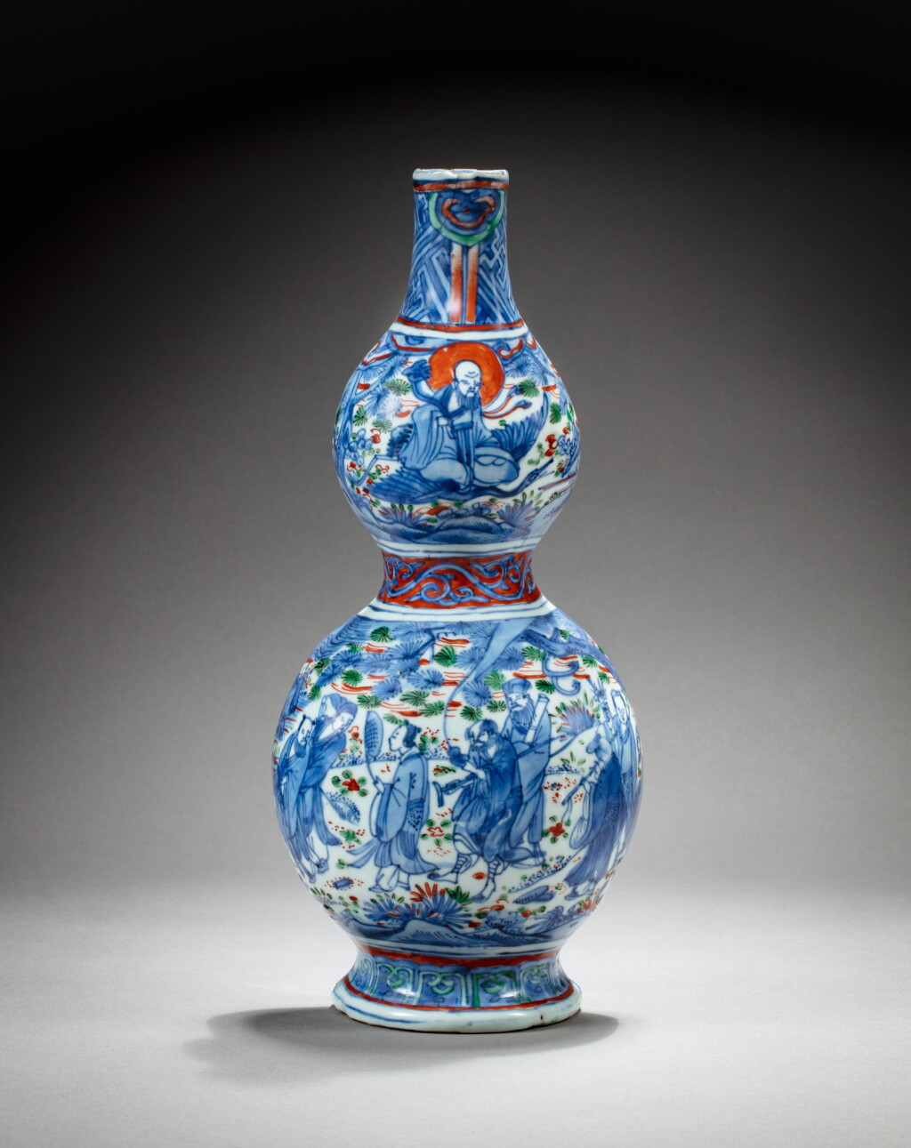 View full screen - View 1 of Lot 175. A blue and white and iron red double-gourd wall vase, Ming dynasty, Wanli period | 明萬曆 青花礬紅彩葫蘆式壁瓶.