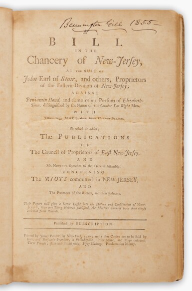 View full screen - View 1 of Lot 41. New Jersey | A Bill in the Chancery of New-Jersey, with three of the earliest American maps of the region.