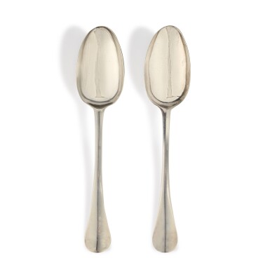 View full screen - View 1 of Lot 129. A Pair of American Silver Tablespoons, Paul Revere Jr., Boston, MA, Circa 1770.