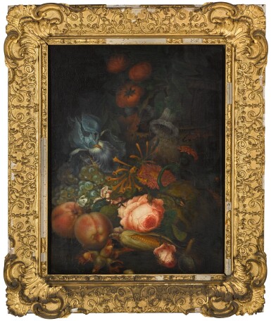 View full screen - View 1 of Lot 52. DUTCH SCHOOL, MID-19TH CENTURY | A still life of flowers, insects and fruit, including peaches, a blue iris, a melon and nuts on a stone ledge.