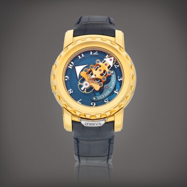 View full screen - View 1 of Lot 2177. Freak, Reference 026-88 | A yellow gold carrousel tourbillon wristwatch with dual direct escapement, Circa 2007 | 雅典 | FREAK 型號026-88 | 黃金卡羅素陀飛輪腕錶,備雙擒縱系統,約2007年製.