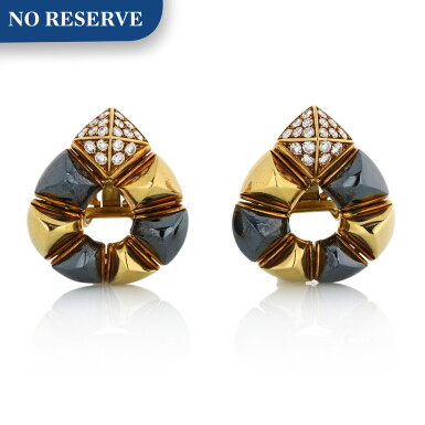 View full screen - View 1 of Lot 31. BULGARI | PAIR OF GOLD, HEMATITE AND DIAMOND EARCLIPS.