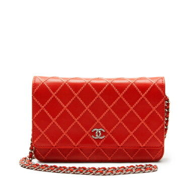 View full screen - View 1 of Lot 202. Orange Diamond Stitch Wallet on Chain in Lambskin with Silver Tone Hardware, 2014-2015.