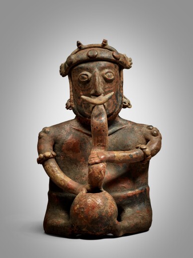 View full screen - View 1 of Lot 20. Nayarit Seated Figure with Bowl and Tube, Ixtlán del Rio style, Protoclassic, circa 100 BC - AD 250.