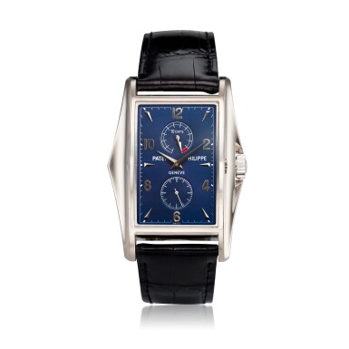 View full screen - View 1 of Lot 122. Reference 5100G-001 A limited edition white gold rectangular wristwatch with 10 day power reserve, Made to commemorate the millennium, Made in 2001.