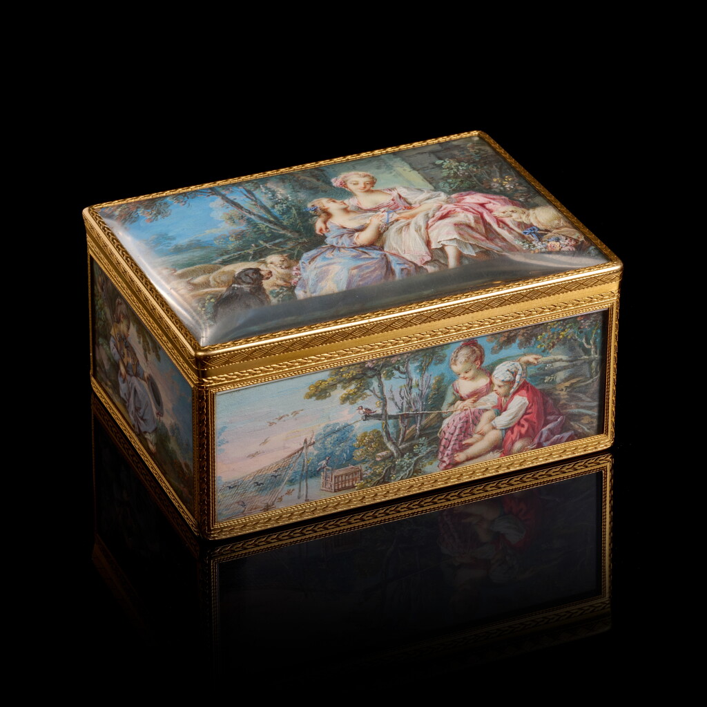 View full screen - View 1 of Lot 1508. A gold-mounted boîte-à-miniature, Jean Ducrollay, Paris, 1750, the miniatures by Jacques Charlier.