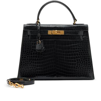 View full screen - View 1 of Lot 148. Vintage Black Shiny Crocodile Kelly 28 Gold Hardware, 1962.