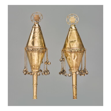 View full screen - View 1 of Lot 54. A PAIR OF NORTH AFRICAN GOLD TORAH FINIALS, PROBABLY MOROCCAN, DATED 1930.