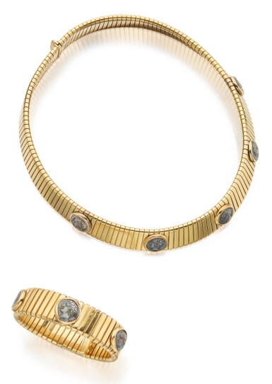 View full screen - View 1 of Lot 310. GOLD AND ANCIENT COIN CHOKER-NECKLACE AND CUFF-BRACELET, BULGARI .