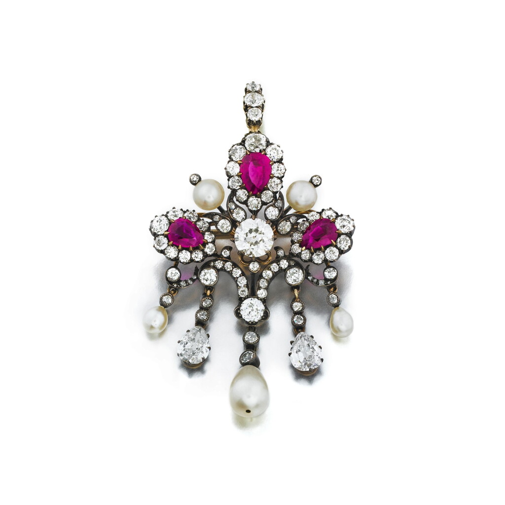 View full screen - View 1 of Lot 1065. A ruby, natural pearl and diamond brooch-pendant, late 19th century.