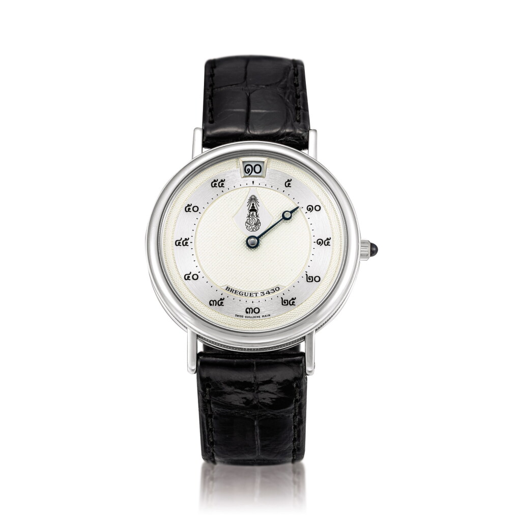 View full screen - View 1 of Lot 2082. Breguet | Classique, Reference 3429, A limited edition platinum wristwatch with jumping hour, Made to commemorate the 50th anniversary of the accession to the Royal Throne of His Majesty King Bhumibol Adulyadej of Thailand, Circa 2000 | 寶璣 | 型號3430 限量版白金跳時腕錶,為紀念泰王蒲美蓬·阿杜德登基50週年而製,約2000年製.