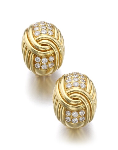 View full screen - View 1 of Lot 131. PAIR OF GOLD AND DIAMOND EAR CLIPS, VAN CLEEF & ARPELS.