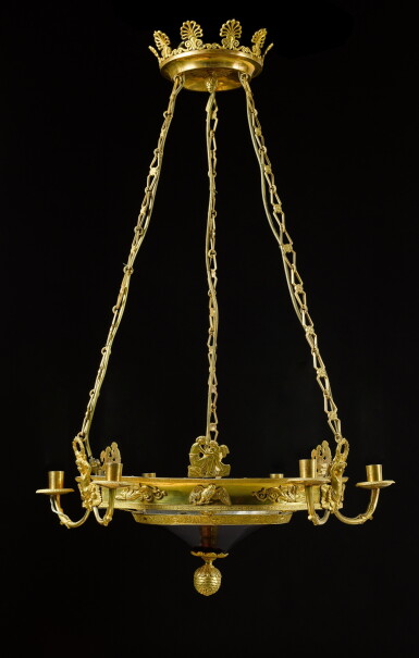 View full screen - View 1 of Lot 91. A Russian gilt-bronze and ruby glass chandelier, first quarter 19th century.
