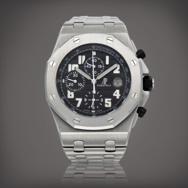 View full screen - View 1 of Lot 458. Royal Oak Offshore, Reference 25721ST | A stainless steel chronograph wristwatch with date and bracelet | Circa 2006.