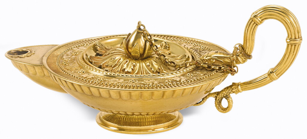 View full screen - View 1 of Lot 21. A GEORGE III SILVER-GILT TABLE CIGAR LIGHTER, DIGBY SCOTT & BENJAMIN SMITH FOR RUNDELL, BRIDGE & RUNDELL, LONDON, 1806 .