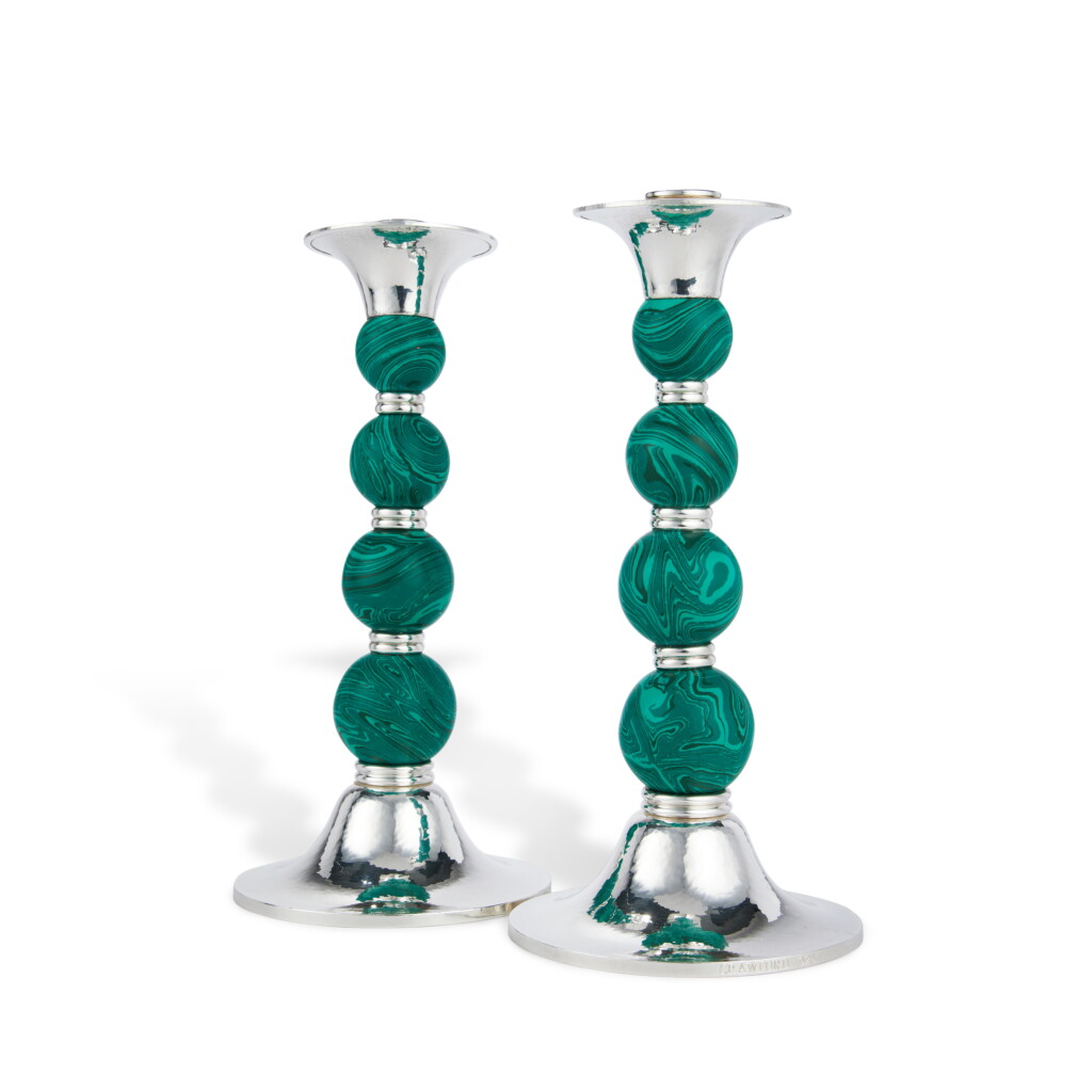 View full screen - View 1 of Lot 80. A Pair of English Silver and Faux-Malachite Candlesticks, Crawford Design, London, Circa 2000.