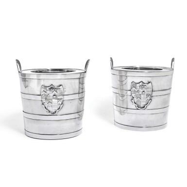 View full screen - View 1 of Lot 73. A PAIR OF GEORGE III SILVER WINE COOLERS, JOHN SCOFIELD, LONDON, 1790.