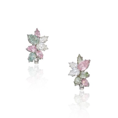 View full screen - View 1 of Lot 51. Pair of Colored Diamond and Diamond Earclips.