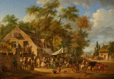 View full screen - View 1 of Lot 93. Figures gathered outside an inn | Figuren vor einem Gasthaus.