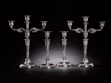 View full screen - View 1 of Lot 104. A suite of silver candelabra and candlesticks, Paul Storr of Storr & Co. for Rundell, Bridge & Rundell, London, 1816.