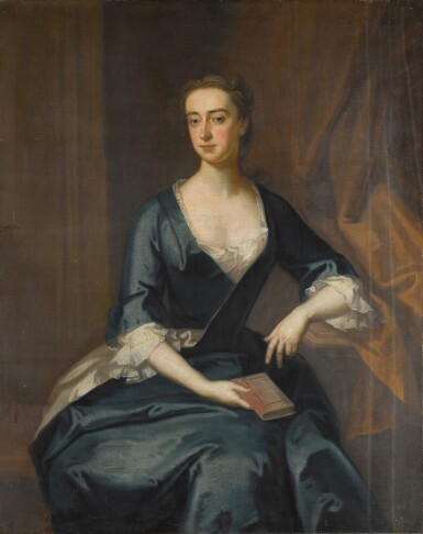 View full screen - View 1 of Lot 148. ENOCH SEEMAN | PORTRAIT OF MISS JONES HOLDING A BOOK, THREE-QUARTER-LENGTH, IN A BLUE DRESS.