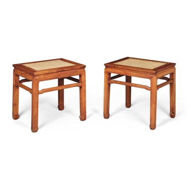 View full screen - View 1 of Lot 55. A pair of 'huanghuali' square-corner stools (Fangdeng), 17th / 18th century.