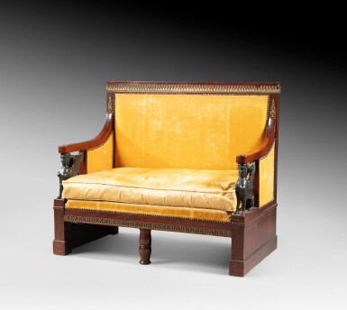 View full screen - View 1 of Lot 59. A patinated and gilt bronze and mahogany sofa, stamped Jacob rue Meslée, French Empire, circa 1810 | Banquette en acajou, bronze patiné et doré, estampillé Jacob rue Meslée, d'époque Empire, vers 1810,.