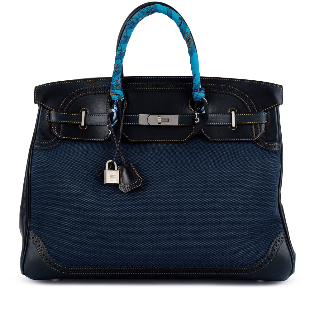 View full screen - View 1 of Lot 9693. Limited Edition Black Evercalf and Denim Ghillies Birkin 40 Brushed Palladium Hardware, 2013 and Twilly.