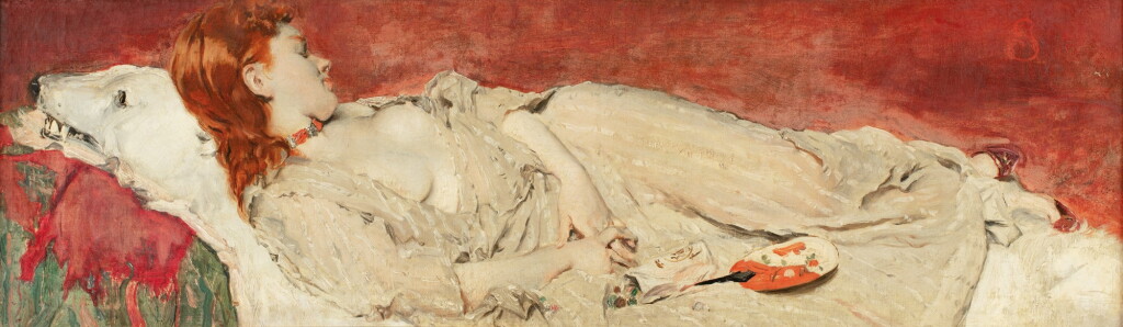View full screen - View 1 of Lot 144. ALFRED STEVENS | A YOUNG RED-HAIR GIRL SLEEPING ON A BEARSKIN.