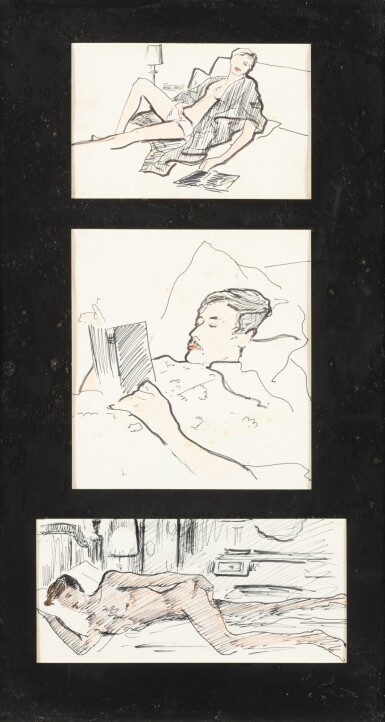 View full screen - View 1 of Lot 1019. Three drawings of Jacques de Bascher: laying on a bed, reading and naked | Trois portraits de Jacques de Bascher : se reposant sur un lit, Jacques lisant et un nu.